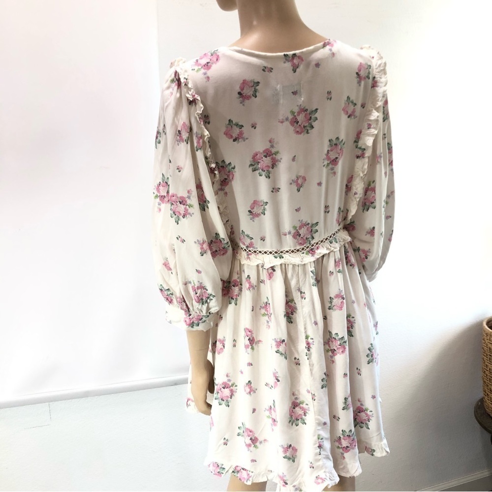 asos floral mini romantic print puff sleeve dress embroidery V-neck button front - Picture 14 of 16